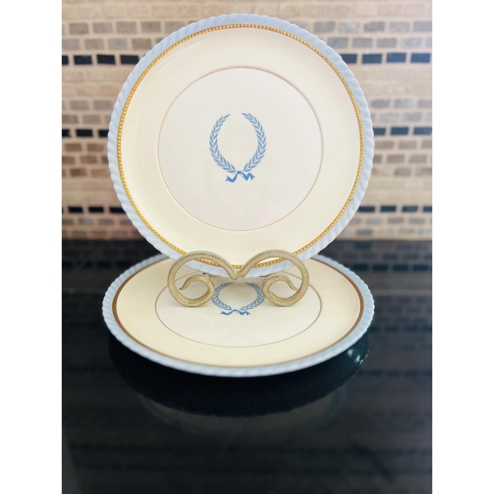 1940s Monticello by Steubenville Plates Cream W/ Blue Edge & Wreath GOLD Trim